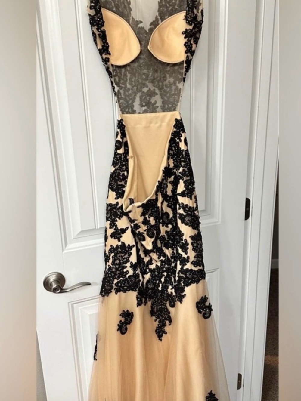 Dave & Johnny Nude and Black Beaded Prom Gown